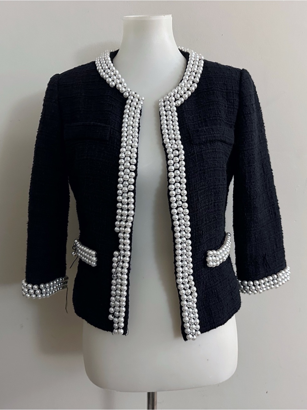Boston Proper Cotton Black Tweed Crop Jacket with Pearl Trim Preppy Workwear